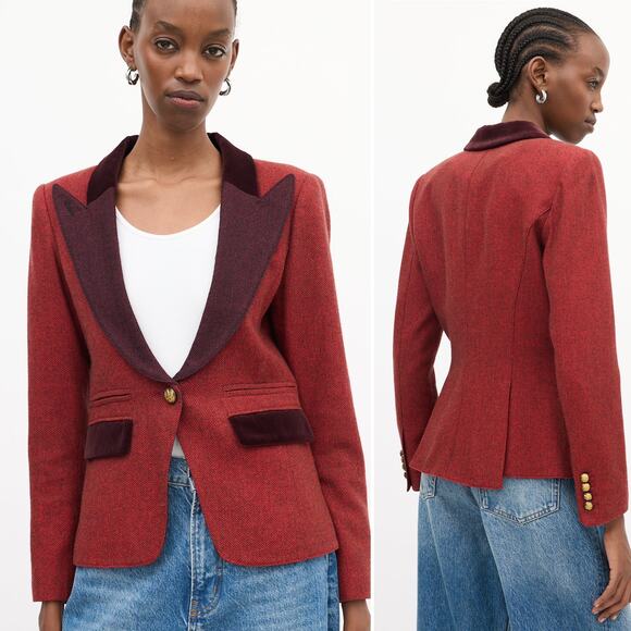 Smythe Duchess Tweed Peaked Lapel Velvet Trim Blazer Jacket Red Burgundy Size 6 - Picture 1 of 9